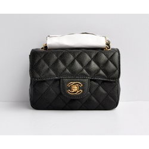 Sac à rabat matelassé Chanel Classic Black Caviar Golden Chain
