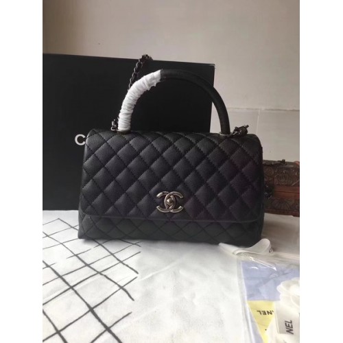 Chanel Classic Black Top Handle Bag Noir Original Cuir A92292 Argent