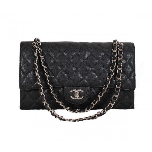 Chanel Sac à Rabat Classique 1113 Noir Motif Cannage Original Cuir Argenté