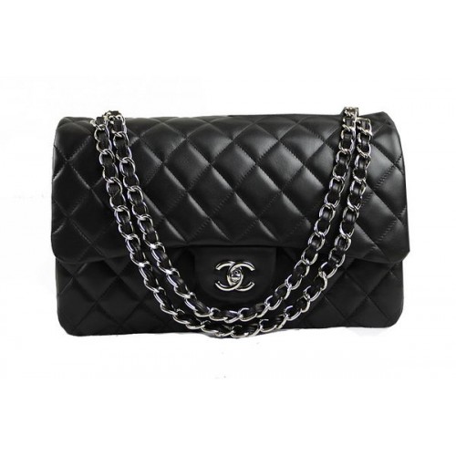 Chanel Classic Flap Bag 1113 Noir Cuir de Mouton Original Argent
