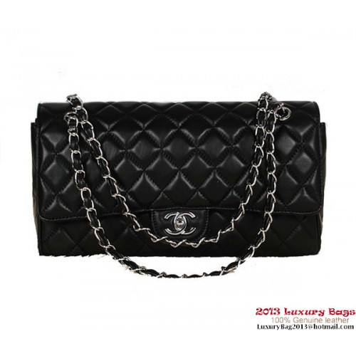 Chanel Classic Flap Bag 1113 Noir En Peau De Mouton Argent