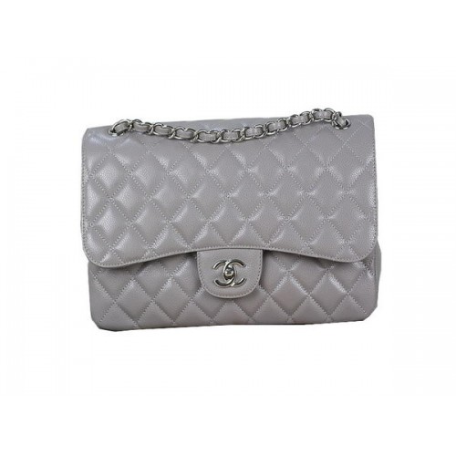 Chanel Sac à Rabat Classique 1113 Gris Motif Cannage Original Cuir Argenté