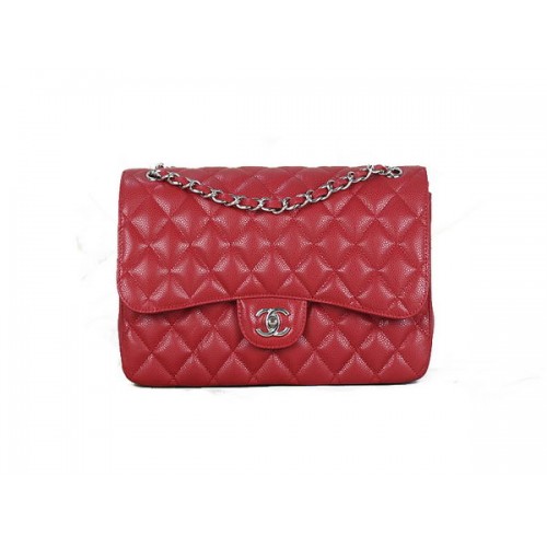 Chanel Sac à Rabat Classique 1113 Rouge Motif Cannage Original Cuir Argenté