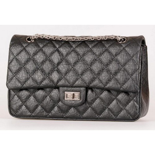 Chanel Sac à rabat classique en cuir de veau noir A30226 Argent