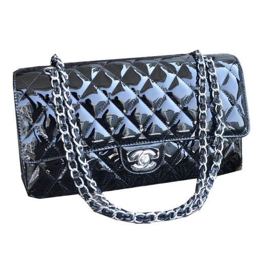 Chanel Sac à Rabat Classique Cuir Verni Noir CHA1113 Argent