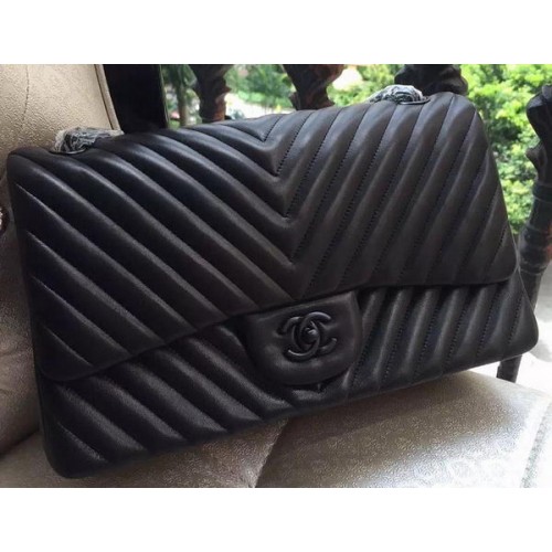 Chanel Classic Flap Bag Black Sheepskin Chevron Quilting A1113 Argent