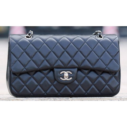 Chanel Sac à rabat classique en cuir de mouton noir A1113 Argent