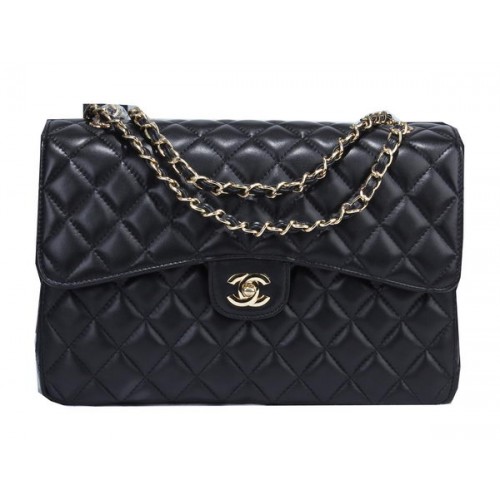 Chanel Sac à rabat classique en cuir de mouton noir A36071 Doré