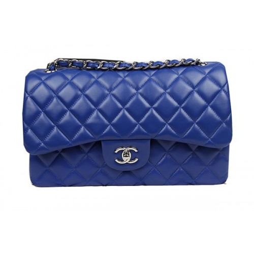 Chanel Sac à Rabat Classique Bleu Cuir Original CF1113 Argent