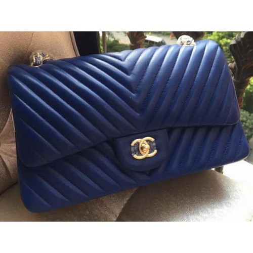 Chanel Classic Flap Bag Blue Sheepskin Chevron Quilting A1113 Or