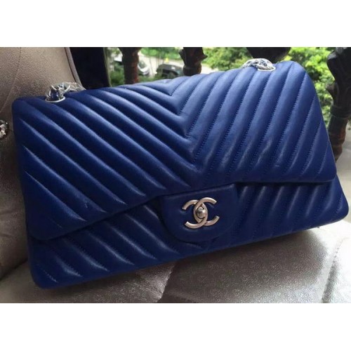 Chanel Classic Flap Bag Blue Sheepskin Chevron Quilting A1113 Argent