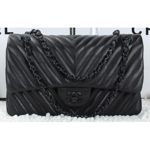Chanel Classic Flap Bag Lambskin Chevron Quilting A01112 Noir