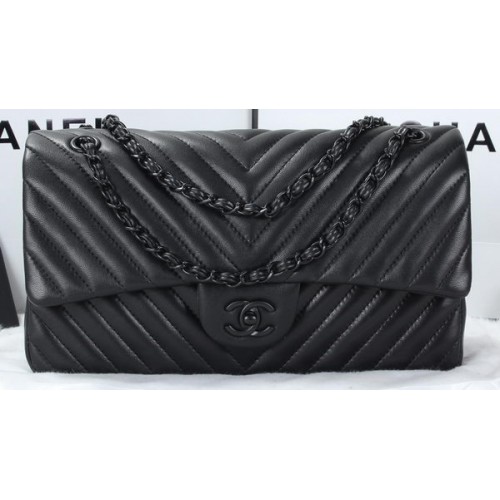Chanel Classic Flap Bag Lambskin Chevron Quilting A01113 Noir