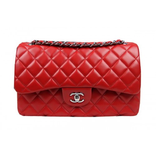 Chanel Classic Flap Bag Rouge Original Cuir CF1113 Argent