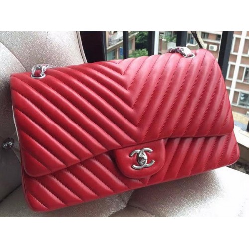 Chanel Classic Flap Bag Red Sheepskin Chevron Quilting A1113 Argent
