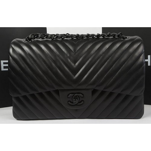 Chanel Classic Flap Bag Sheepskin Chevron Quilting A1113 Noir