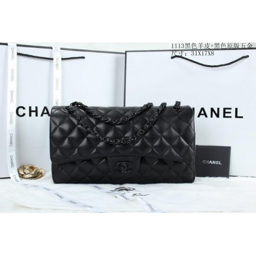 Chanel Sac à rabat classique en cuir de mouton A1113 Noir