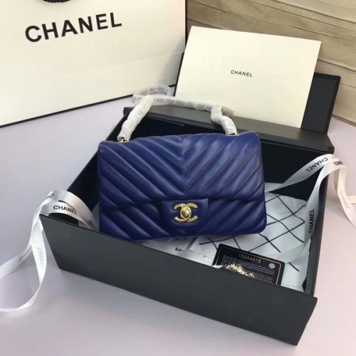 Chanel Classic Flap Bags Bleu Cuir de mouton d'origine 1116 Or