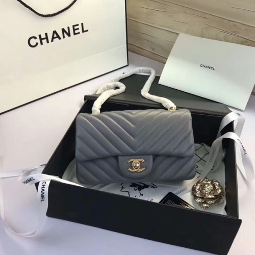 Chanel Classic Flap Bags Gris Cuir de mouton d'origine 1116 Or
