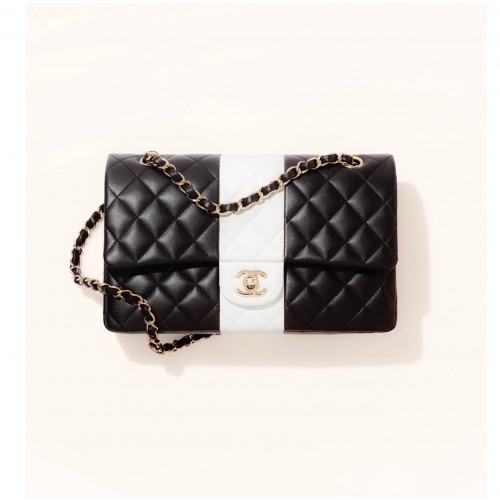 Chanel Sac à bandoulière à rabat classique Cuir de mouton d'origine A01116 Noir et blanc