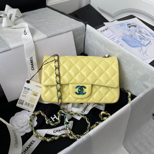 Chanel Sac à bandoulière à rabat classique Couleurs originales en cuir de mouton Boucle A01116 Jaune et bleu