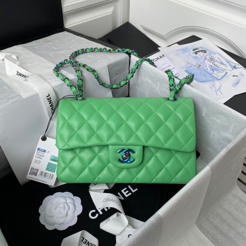 Chanel Classic Flap Sac à bandoulière Original en cuir de mouton Couleurs Buckle Medium A01113 Vert&Bleu