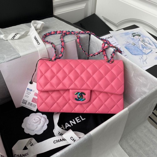 Chanel Classic Flap Sac à bandoulière Original en cuir de mouton Couleurs Buckle Medium A01113 Rose & Jaune