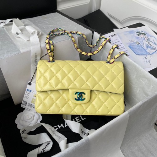 Chanel Classic Flap Sac à bandoulière Original en cuir de mouton Couleurs Buckle Medium A01113 Jaune et bleu