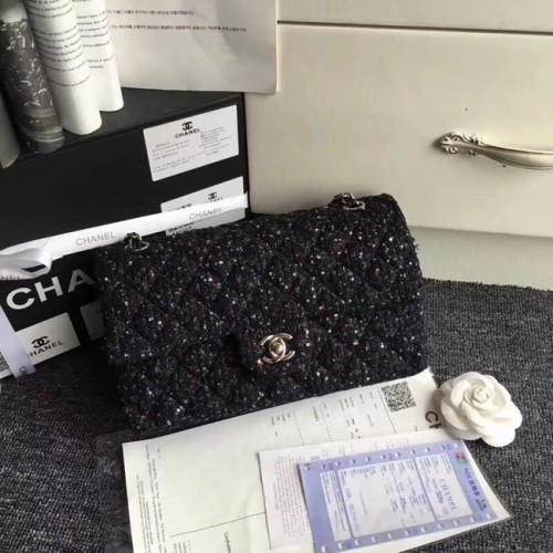 Chanel Sac à Main Classique Tweed Brodé Métal Argenté A01112 Noir