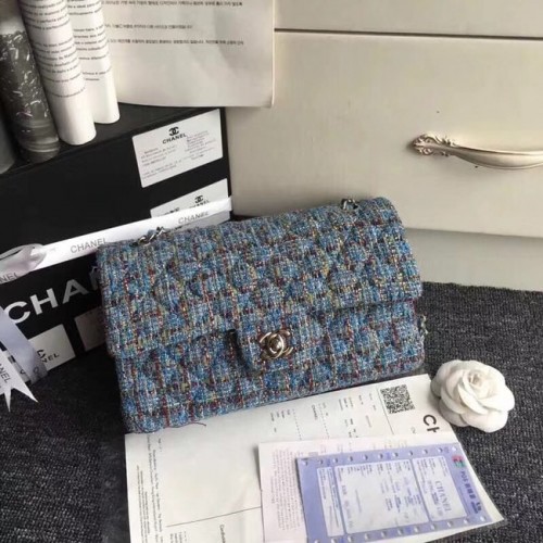 Chanel Sac à Main Classique Tweed Brodé Métal Argenté A01112 bleu