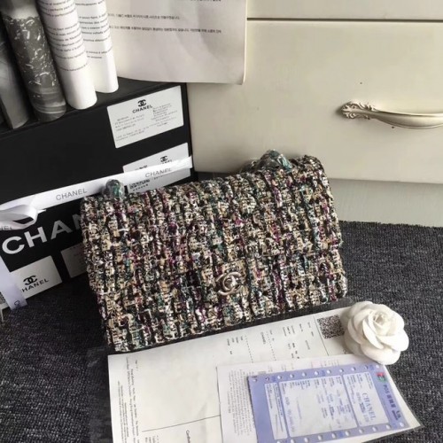Chanel Sac à Main Classique Tweed Brodé Métal Argenté A01112 vert