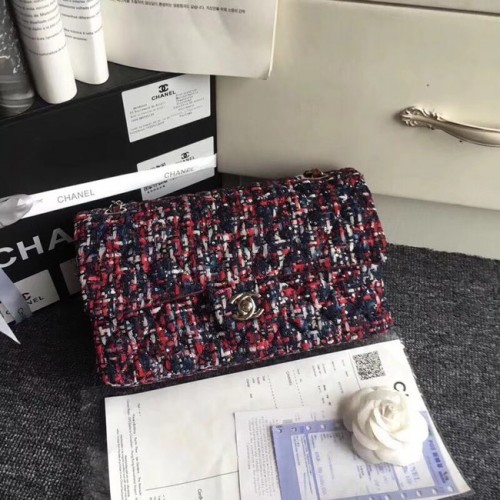 Chanel Sac à Main Classique Tweed Brodé Métal Argenté A01112 rouge