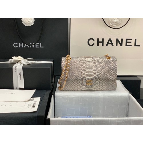 Chanel Sac à main classique en cuir de python argent A01112 quincaillerie dorée