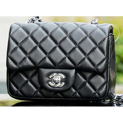 Chanel Classic MINI Sac à Rabat Noir en Peau de Mouton A37585 Argent