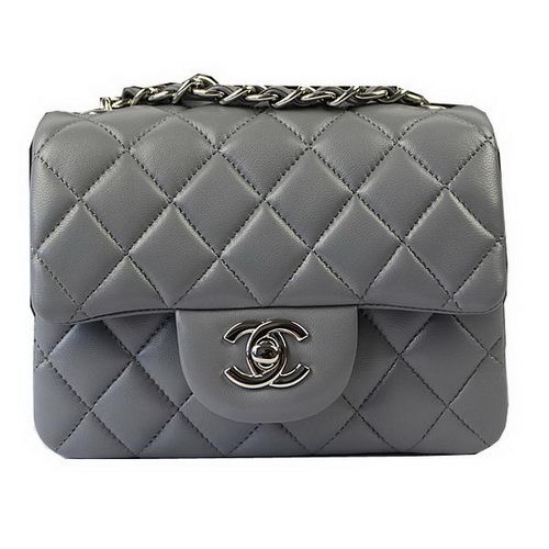 Chanel Classic MINI Sac à Rabat Gris Cuir de Mouton Original CF1115 Argent