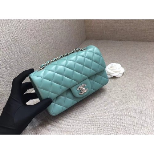 Chanel Classic MINI Flap Bag original en cuir de mouton A1116 chaîne en argent bleu clair