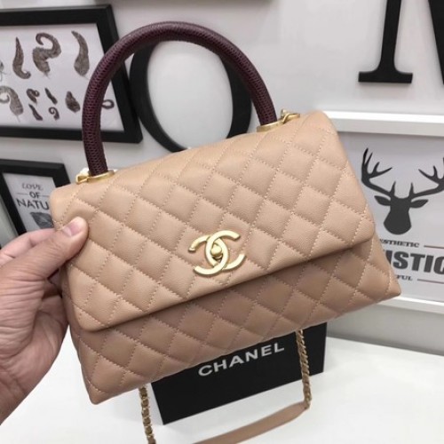 Chanel Sac à poignée supérieure rouge classique Abricot Cuir d'origine A92991 Doré