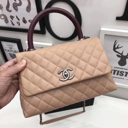 Chanel Sac à poignée supérieure rouge classique Abricot Cuir d'origine A92991 Argent