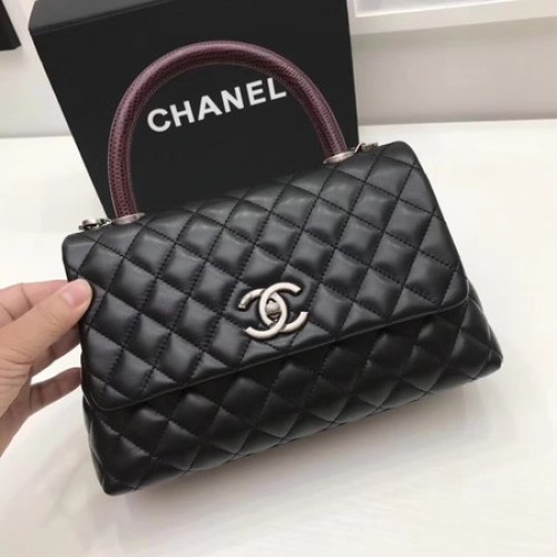 Chanel Sac à poignée supérieure rouge classique en cuir d'origine A92991 Noir