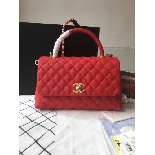 Chanel Sac à poignée supérieure rouge classique en cuir d'origine rouge A92292 Or