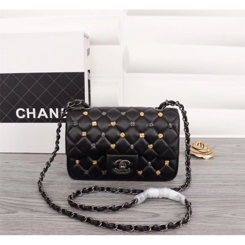 Chanel Sac à bandoulière classique en cuir de mouton A1116 en métal argenté noir