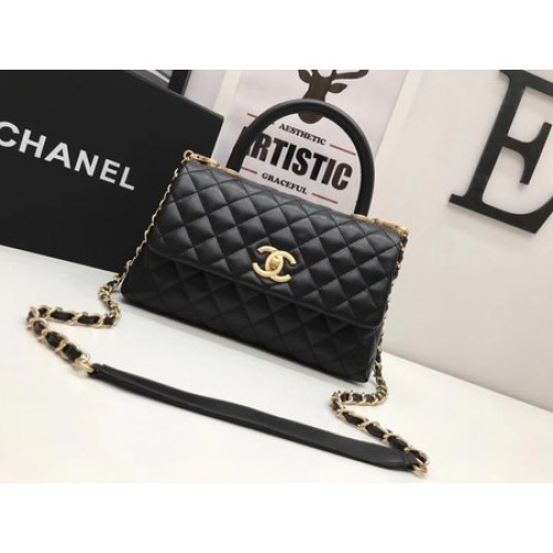 Chanel Sac à main classique en cuir d'origine noir A92991 Doré