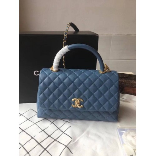 Chanel Classic Top Handle Bag Bleu Cuir d'origine A92292 Or