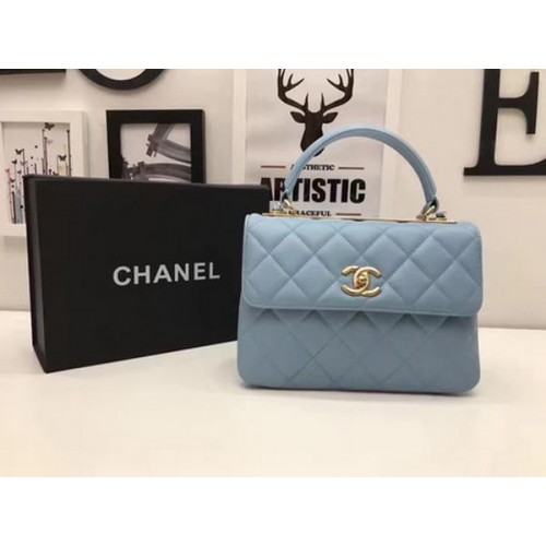 Chanel Sac à main classique en cuir de mouton bleu A92991 Doré