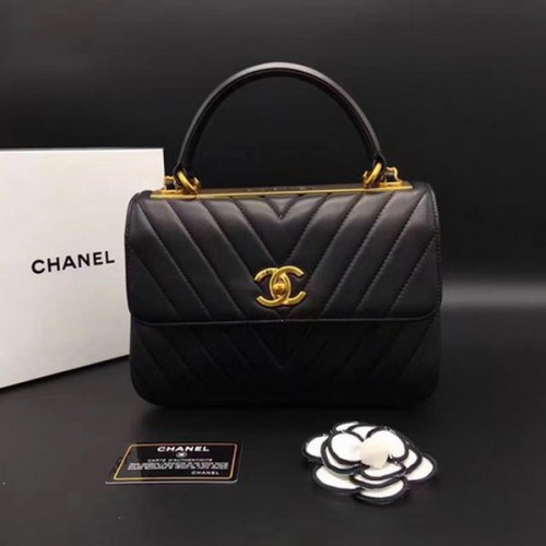 Chanel Sac à main classique en cuir de mouton Chevron CHA2371 Noir