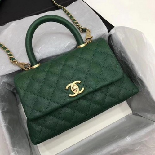 Chanel Sac à poignée supérieure classique Motif cannage vert A92290 Doré