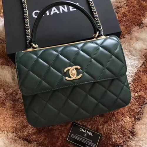 Chanel Sac à main classique en cuir de mouton vert A92991 Doré
