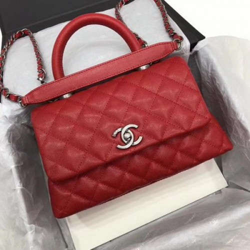 Chanel Sac à poignée supérieure classique Motif cannage rouge A92290 Argent