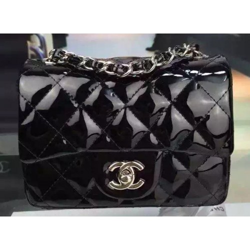 Chanel Classic mini Flap Bag Noir Original Cuir Verni CF7171 Argent