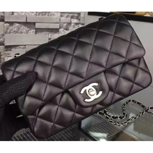 Chanel Mini sac à rabat classique en cuir de mouton noir A67350 argent